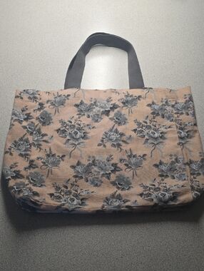 Floral Canvas Tote Bag in Peach and Gray
